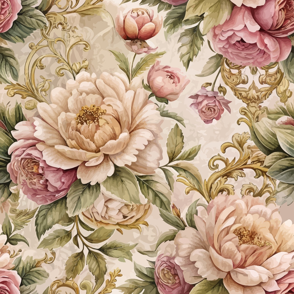 blush pink, cream, sage green, gold accents, baroque pattern, floral design, roses, peonies, ornate scrollwork, vintage style, romantic mood, quilting cotton, fabric panel, layered petals, botanical elements, soft pastels, decorative flourishes, elegant motifs, repeating pattern