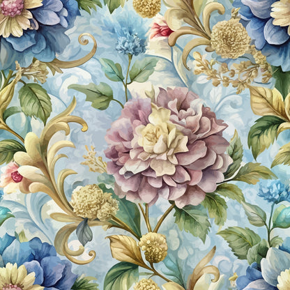 A seamless floral pattern featuring large, detailed flowers in shades of pink, blue, and yellow, with green leaves and gold decorative elements on a light blue background.