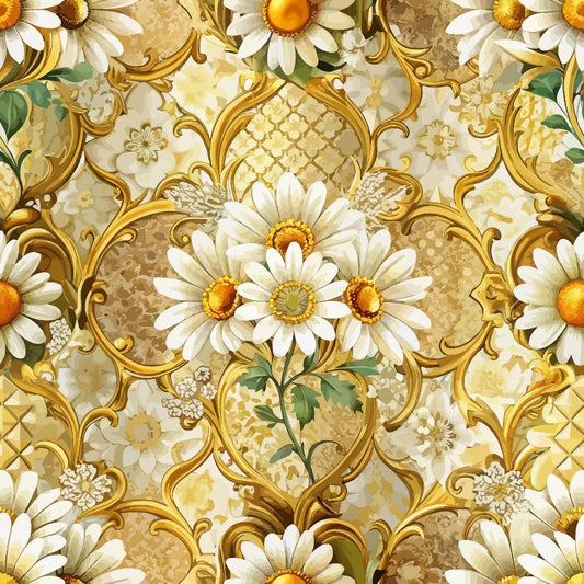 A seamless pattern featuring white daisies with yellow centers on an ornate golden background with intricate swirls and decorative motifs.