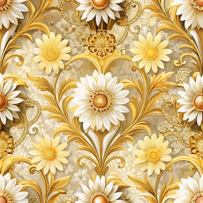 gold, cream, white, beige, baroque pattern, ornate florals, daisy flowers, scrollwork, acanthus leaves, decorative swirls, vintage style, elegant design, seamless repeat, quilting cotton, fabric panel, luxurious motifs, floral damask, golden accents, ivory petals, ornamental pattern