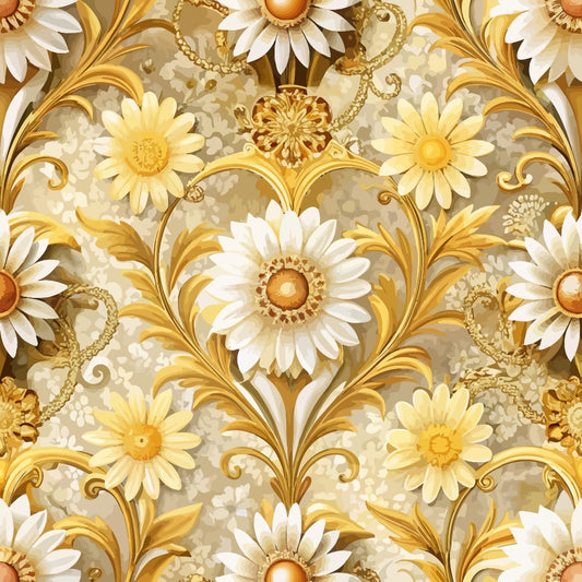 gold, cream, white, beige, baroque pattern, ornate florals, daisy flowers, scrollwork, acanthus leaves, decorative swirls, vintage style, elegant design, seamless repeat, quilting cotton, fabric panel, luxurious motifs, floral damask, golden accents, ivory petals, ornamental pattern
