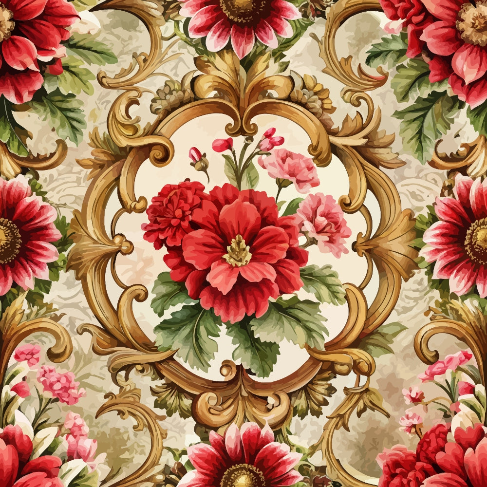 baroque florals, red flowers, pink blooms, golden scrollwork, ornate frame, decorative border, cream background, green leaves, floral motif, quilting cotton, fabric panel, elegant pattern, rococo style, botanical design, vintage inspired, luxurious aesthetic, intricate details, romantic florals, sophisticated design