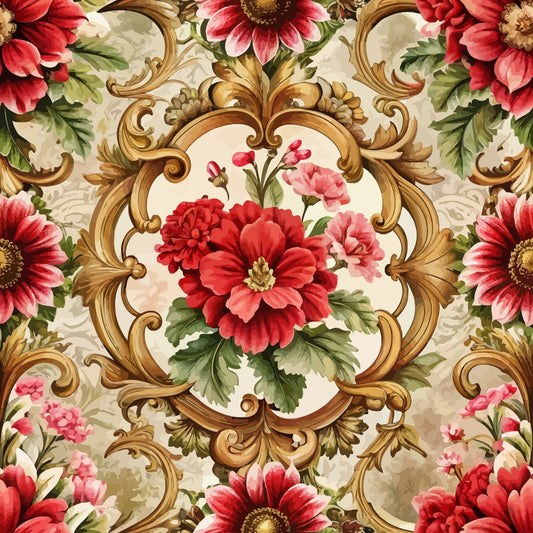 baroque florals, red flowers, pink blooms, golden scrollwork, ornate frame, decorative border, cream background, green leaves, floral motif, quilting cotton, fabric panel, elegant pattern, rococo style, botanical design, vintage inspired, luxurious aesthetic, intricate details, romantic florals, sophisticated design