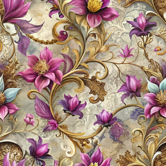 A detailed floral pattern with large pink and purple flowers, gold swirling leaves, and light blue accents on a beige background with subtle ornate designs. The image has a vintage, decorative style.