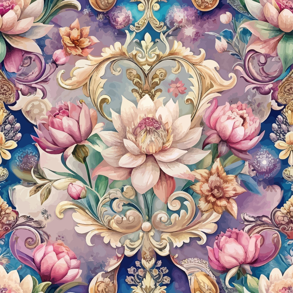 A seamless pattern featuring large, detailed lotus flowers and ornate golden scrollwork on a blue and purple background with additional decorative floral elements.