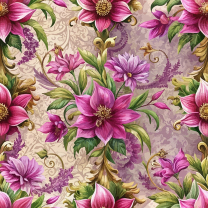 magenta flowers, purple blooms, gold scrollwork, green leaves, baroque pattern, ornate flourishes, floral motif, quilting cotton, fabric panel, decorative swirls, pink petals, lavender tones, botanical design, elegant styling, seamless repeat, vintage inspired, ornamental details, flowing vines, artistic florals