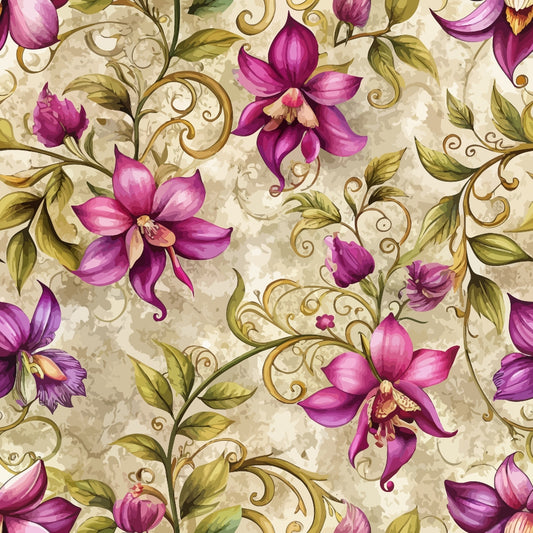 A seamless floral pattern featuring large, pink and purple flowers with green leaves and golden swirling vines on a beige, textured background. The design is ornate and symmetrical.