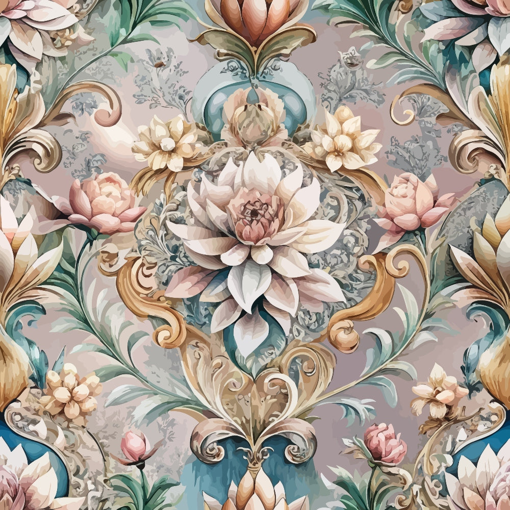 Ornate floral wallpaper design featuring large, detailed flowers, leaves, and scrollwork in soft pastel tones of cream, pink, blue, and gold, arranged in a symmetrical, repeating pattern with intricate decorative elements.