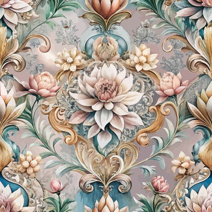 Ornate floral wallpaper design featuring large, detailed flowers, leaves, and scrollwork in soft pastel tones of cream, pink, blue, and gold, arranged in a symmetrical, repeating pattern with intricate decorative elements.