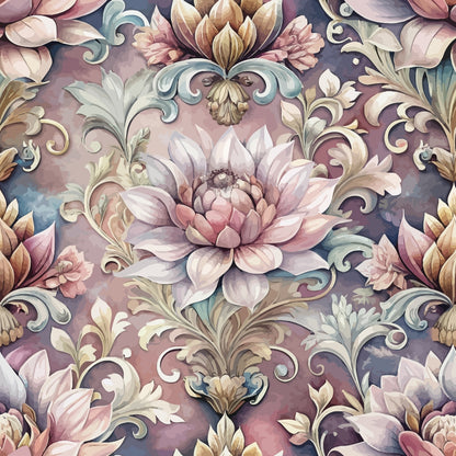 dusty rose, mauve, sage green, cream, baroque pattern, ornate florals, lotus flowers, acanthus leaves, scrollwork, decorative swirls, vintage damask, elegant motifs, watercolor effect, muted pastels, quilting cotton, fabric panel, sophisticated design, floral repeats, ornamental style, romantic palette