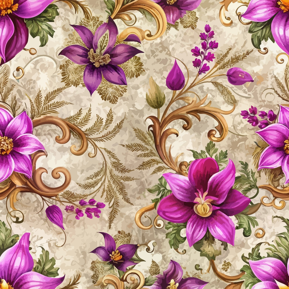 A seamless pattern featuring large purple and pink flowers with green leaves and golden swirling vines on a textured beige background. The design is ornate and symmetrical.