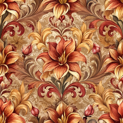 Seamless floral pattern with large orange and yellow lilies, green leaves, and decorative swirls on a beige background with an ornate, vintage-style texture.