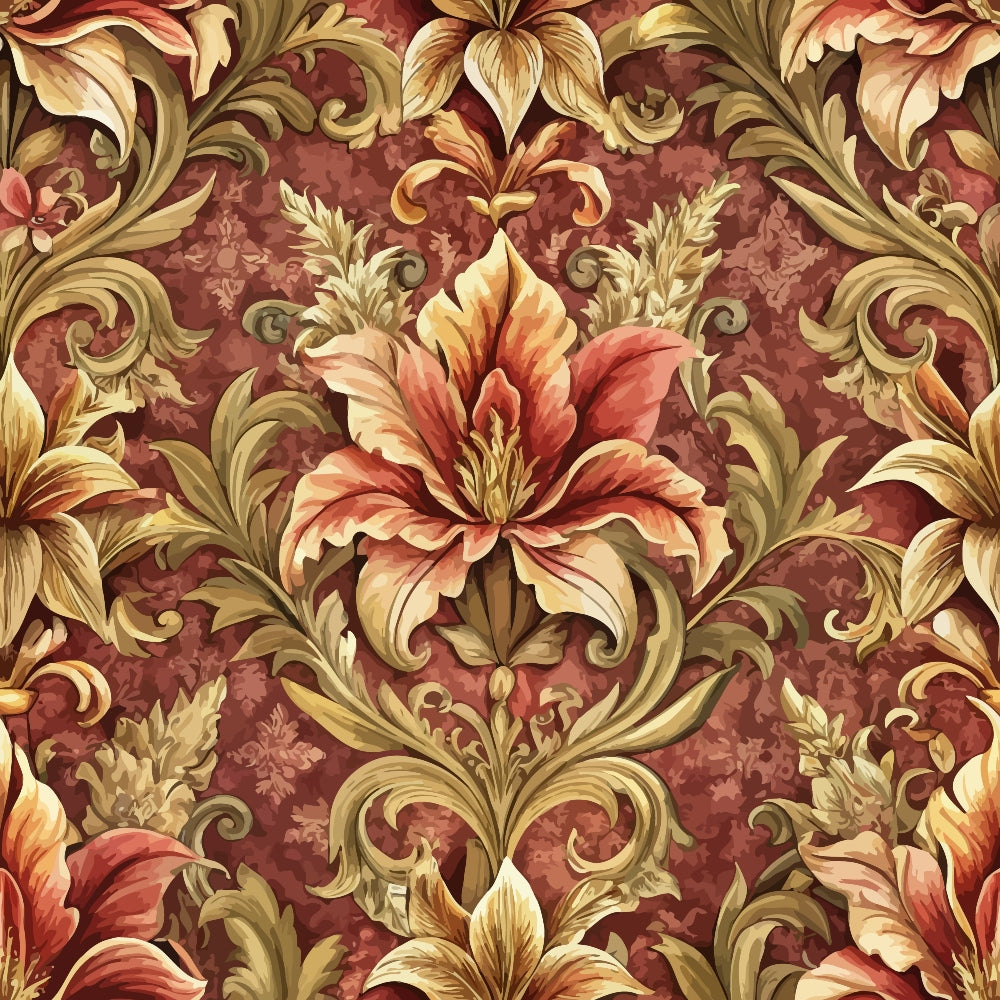 Ornate floral wallpaper featuring large, detailed lilies in shades of peach and gold with green leaves on a textured, deep red background. The pattern is symmetrical and richly decorative.