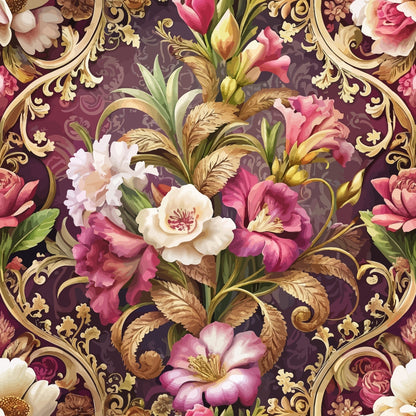 baroque florals, burgundy background, pink roses, white flowers, gold scrollwork, ornate design, decorative swirls, vintage style, quilting cotton, fabric panel, floral motifs, elegant pattern, rich colors, romantic florals, luxurious design, botanical elements, intricate details, opulent style