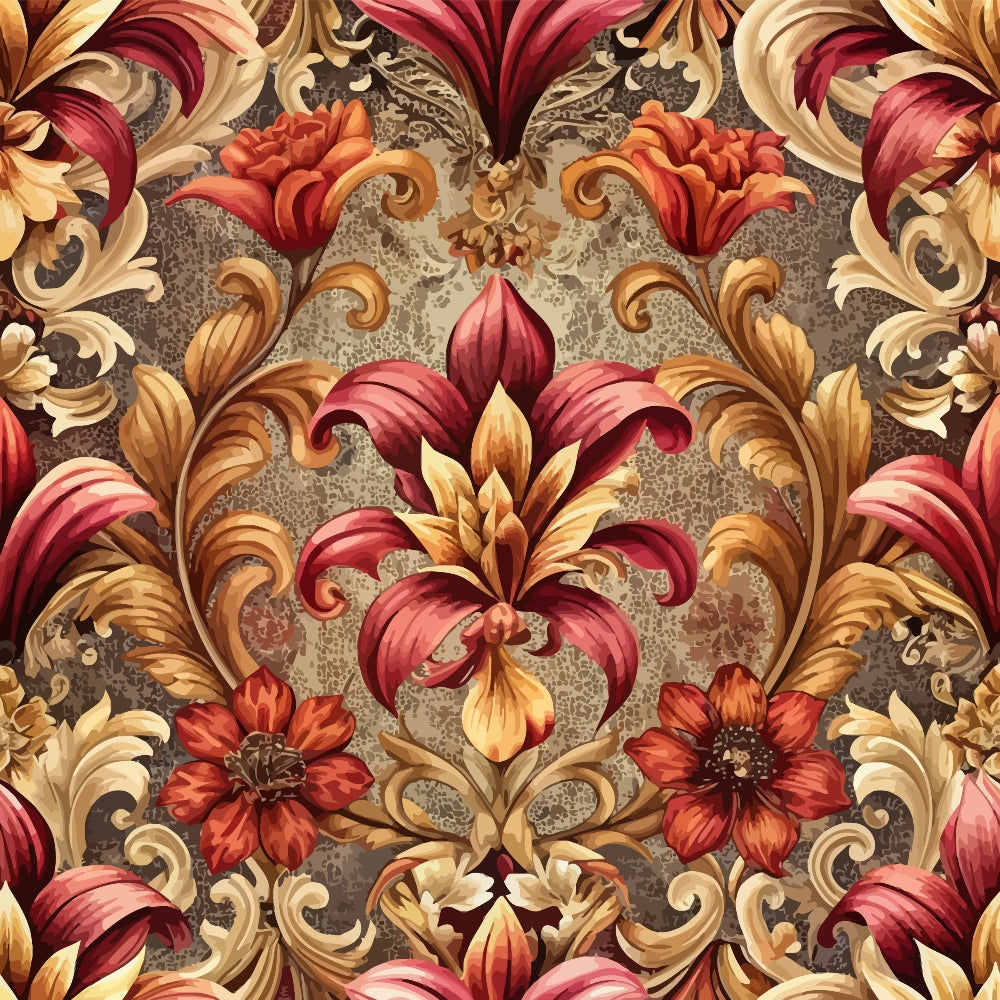 burgundy, gold, coral, ornate florals, baroque pattern, scrollwork, acanthus leaves, damask style, decorative swirls, floral motifs, quilting cotton, fabric panel, rich colors, ornamental design, vintage style, elegant pattern, textile art, warm tones, intricate details