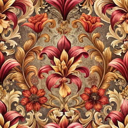 burgundy, gold, coral, ornate florals, baroque pattern, scrollwork, acanthus leaves, damask style, decorative swirls, floral motifs, quilting cotton, fabric panel, rich colors, ornamental design, vintage style, elegant pattern, textile art, warm tones, intricate details