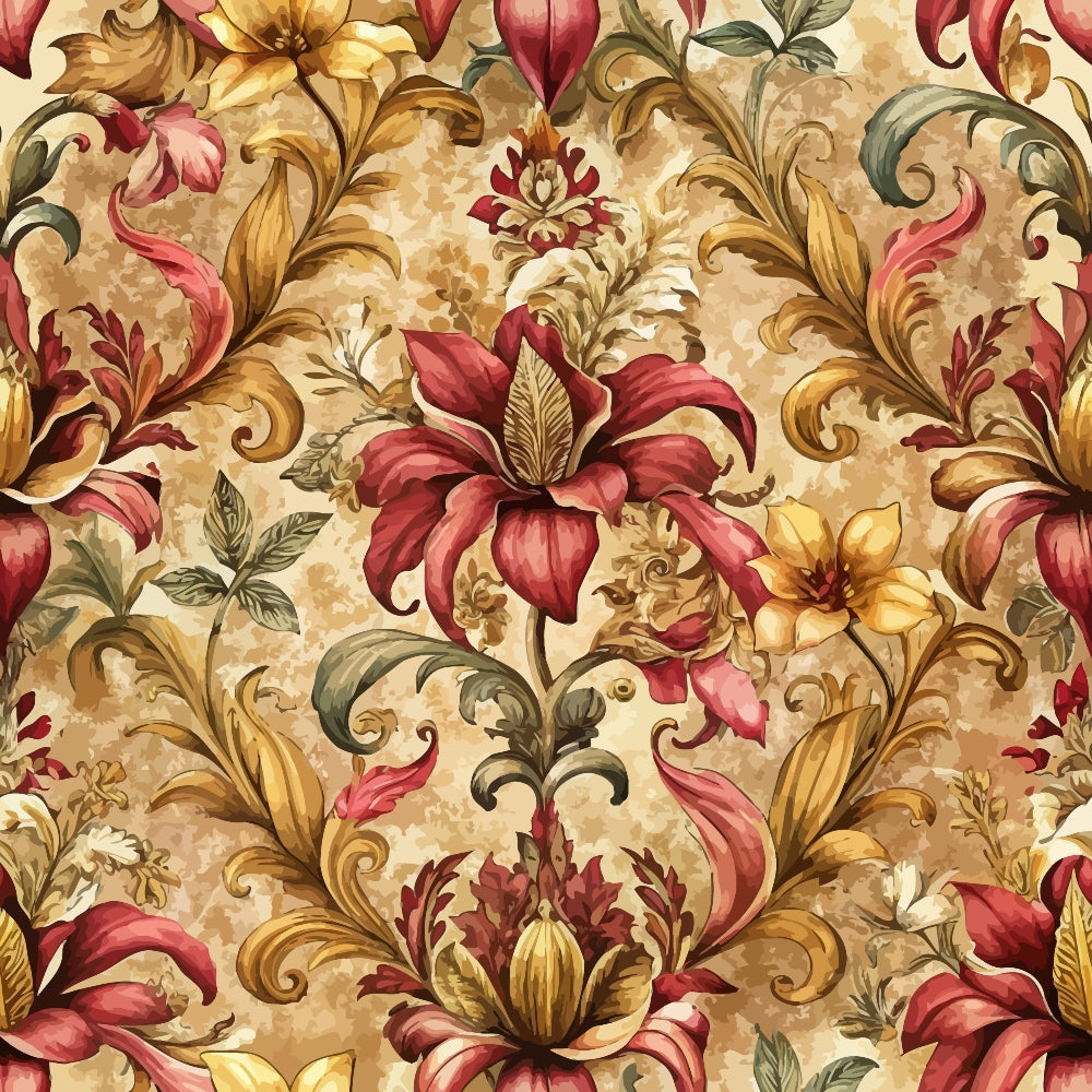 burgundy, gold, cream, beige, baroque pattern, ornate florals, scrollwork, acanthus leaves, decorative swirls, vintage style, elegant motif, quilting cotton, fabric panel, rich colors, intricate design, flowing vines, ornamental flowers, luxurious pattern, detailed artwork