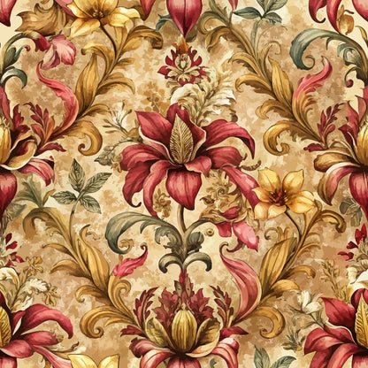 burgundy, gold, cream, beige, baroque pattern, ornate florals, scrollwork, acanthus leaves, decorative swirls, vintage style, elegant motif, quilting cotton, fabric panel, rich colors, intricate design, flowing vines, ornamental flowers, luxurious pattern, detailed artwork