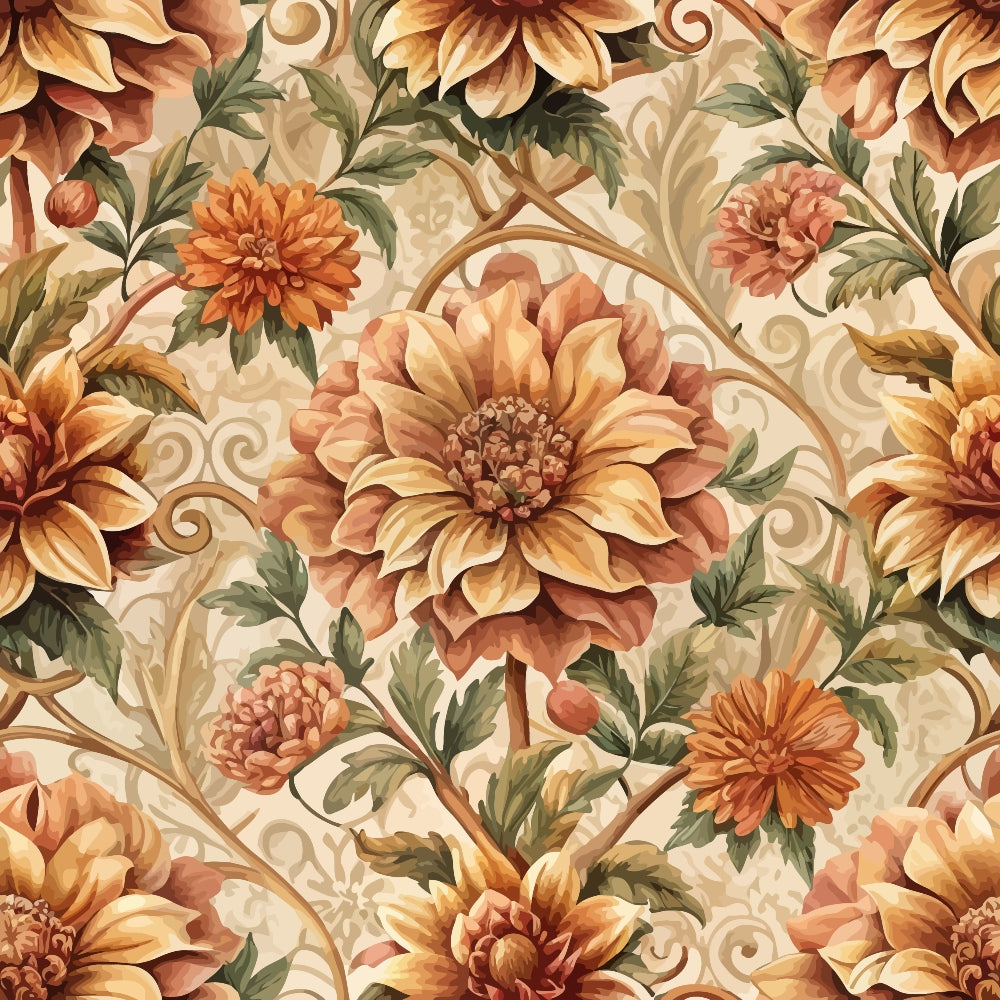 baroque florals, quilting cotton, fabric panel, ornate flowers, autumn colors, golden yellow, burnt orange, sage green, cream background, decorative scrollwork, botanical design, floral motifs, warm tones, intricate pattern, ornamental style, fall themed, detailed petals, vintage inspired, seamless repeat, cotton fabric