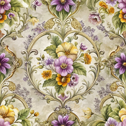 baroque florals, purple flowers, yellow blooms, ornate scrollwork, decorative medallions, vintage floral, lavender petals, golden accents, green foliage, cream background, quilting cotton, fabric panel, elegant swirls, botanical motifs, romantic style, soft pastels, repeating pattern, ornamental design
