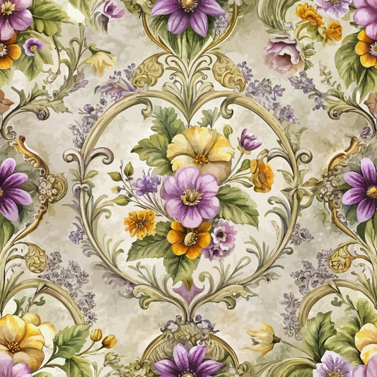 A seamless vintage floral pattern featuring ornate oval frames filled with yellow, purple, and orange flowers with green leaves on a light, textured background with decorative swirls and flourishes.