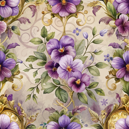 A seamless pattern featuring purple and violet pansy flowers with green leaves, gold ornate swirls, and a beige background with subtle decorative motifs.