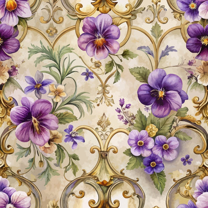 purple flowers, baroque pattern, ornate scrollwork, pansies, violets, gold accents, floral motifs, decorative swirls, cream background, lavender blooms, green foliage, elegant design, quilting cotton, fabric panel, vintage style, ornamental flourishes, botanical print, purple palette, rococo elements, damask influence
