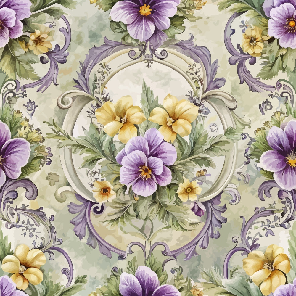 A seamless pattern featuring purple and yellow pansies with green leaves, ornate circular and scroll designs, and a soft, watercolor-style background in pastel shades of green and beige.