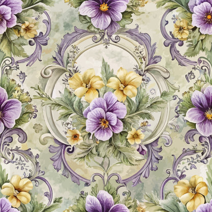 A seamless pattern featuring purple and yellow pansies with green leaves, ornate circular and scroll designs, and a soft, watercolor-style background in pastel shades of green and beige.