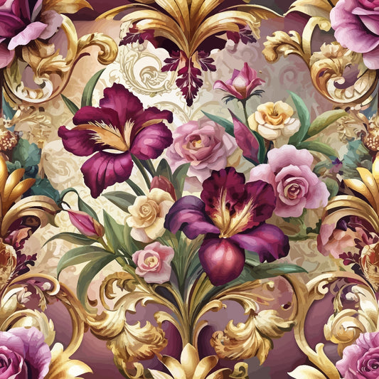 A detailed, ornate floral pattern featuring purple irises, pink and yellow roses, and gold scrollwork set against a cream and maroon background with decorative leaf motifs.