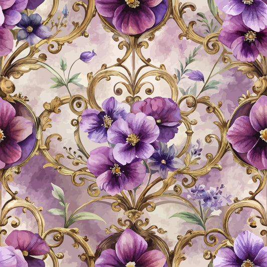 Seamless pattern featuring large purple and violet flowers with green leaves, intertwined with ornate gold scrollwork on a soft, watercolor-style background in shades of purple and beige.