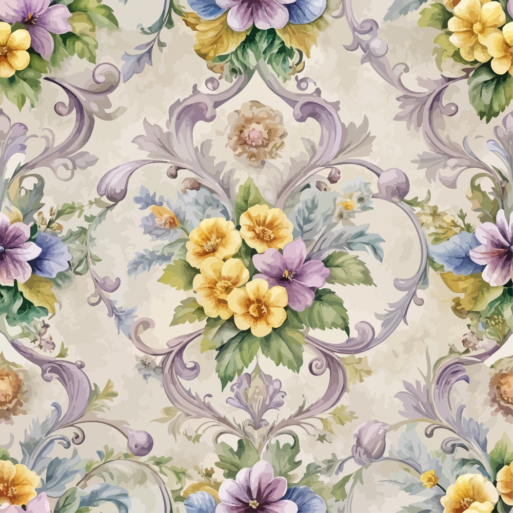 baroque florals, purple scrollwork, yellow flowers, lavender blooms, ornate swirls, cream background, decorative flourishes, vintage pattern, pastel colors, quilting cotton, floral motifs, rococo style, soft pastels, botanical design, elegant swirls, muted tones, fabric panel, repeating pattern, delicate flowers, ornamental design