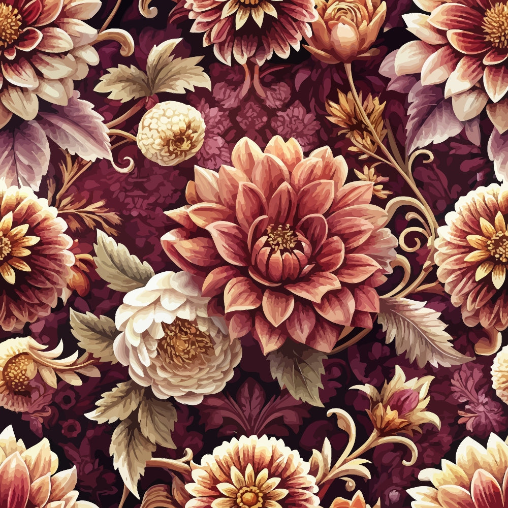 burgundy, maroon, cream, peach, coral, baroque florals, ornate flowers, dahlias, peonies, decorative leaves, vintage style, elegant pattern, rich tones, quilting cotton, fabric panel, seamless repeat, romantic florals, luxurious design, warm palette, detailed blooms