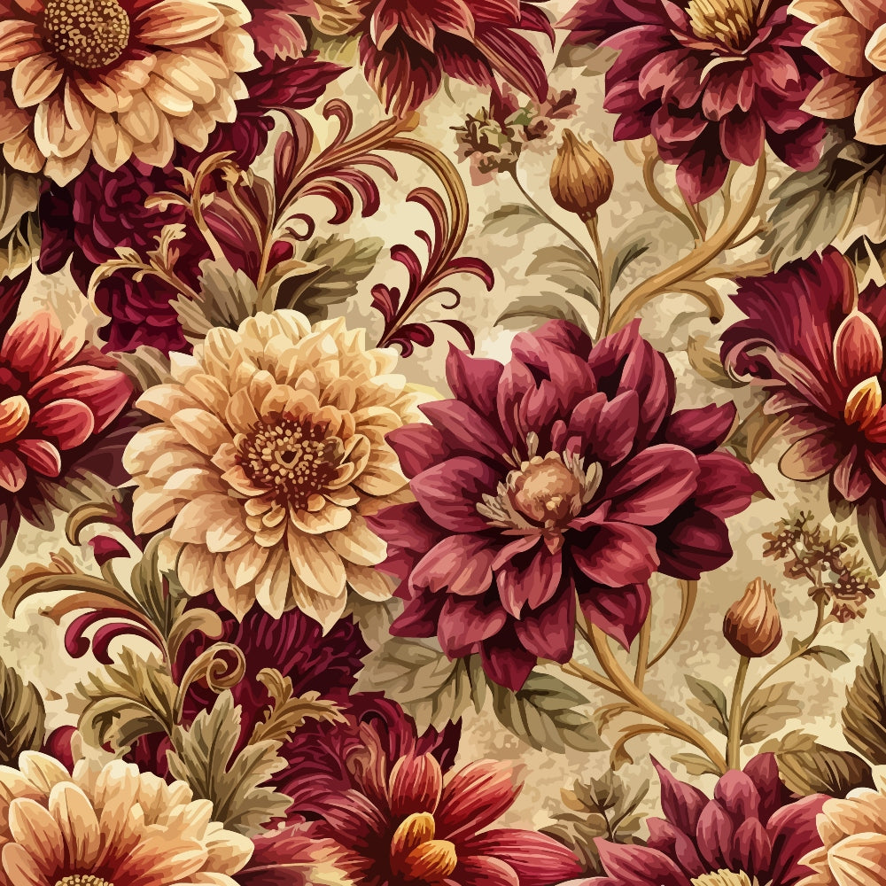 burgundy, cream, golden yellow, rust orange, baroque floral, ornate flowers, dahlia blooms, decorative scrollwork, vintage botanical, rich textures, quilting cotton, fabric panel, autumn colors, wine red, champagne beige, elaborate petals, flowing vines, dimensional florals, warm palette, opulent design