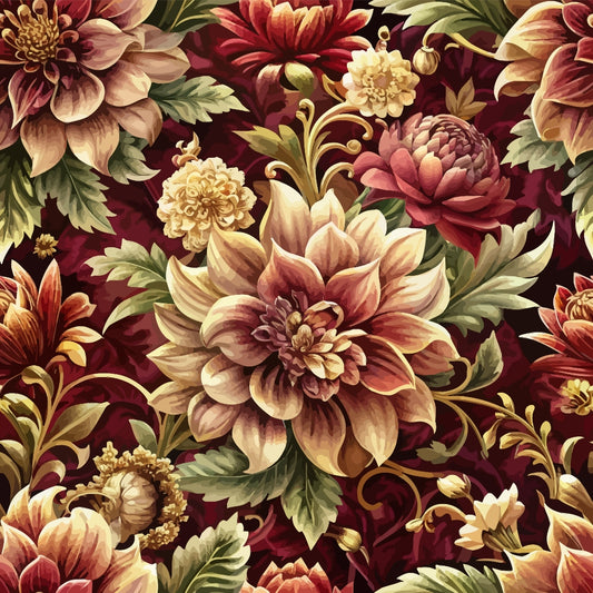 A seamless floral pattern featuring large, detailed flowers in shades of cream, red, and burgundy with green leaves on a dark maroon background. The design is ornate and symmetrical, filling the entire image.