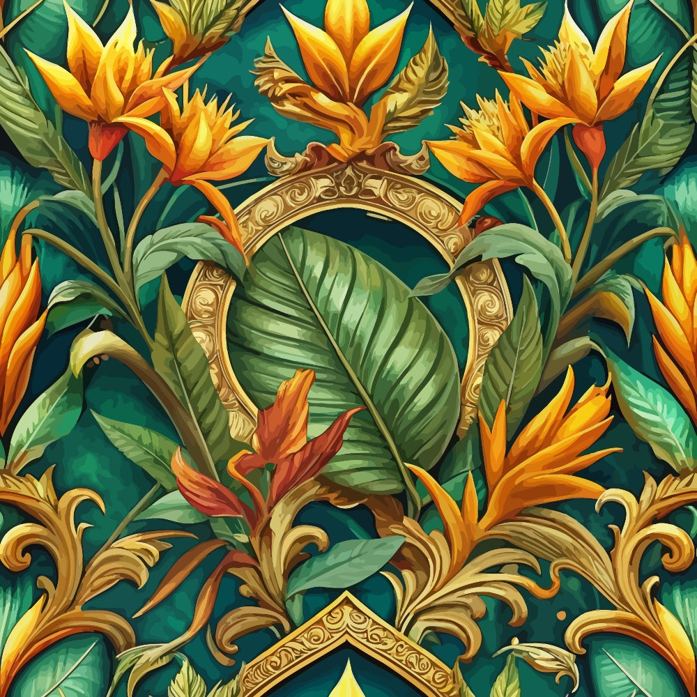 baroque pattern, tropical flowers, bird of paradise, ornate gold frame, emerald green, vibrant orange, golden yellow, lush foliage, decorative scrollwork, quilting cotton, fabric panel, exotic blooms, ornamental design, rich colors, botanical motifs, luxurious pattern, tropical paradise, detailed florals, vintage style, opulent design