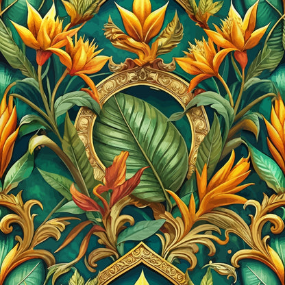 baroque pattern, tropical flowers, bird of paradise, ornate gold frame, emerald green, vibrant orange, golden yellow, lush foliage, decorative scrollwork, quilting cotton, fabric panel, exotic blooms, ornamental design, rich colors, botanical motifs, luxurious pattern, tropical paradise, detailed florals, vintage style, opulent design