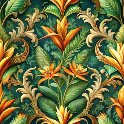 baroque florals, orange flowers, tropical blooms, deep green background, ornate scrollwork, golden flourishes, botanical motif, bird of paradise, lush foliage, decorative swirls, quilting cotton, fabric panel, emerald green, amber orange, elaborate pattern, tropical paradise, ornamental design, flowing vines, exotic flowers, rich colors