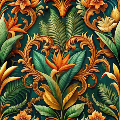baroque florals, tropical flowers, ornate scrollwork, emerald green, burnt orange, golden yellow, coral pink, lush foliage, decorative swirls, bird of paradise, tropical leaves, quilting cotton, fabric panel, ornamental design, rich colors, botanical motifs, flowing vines, exotic blooms, luxurious pattern