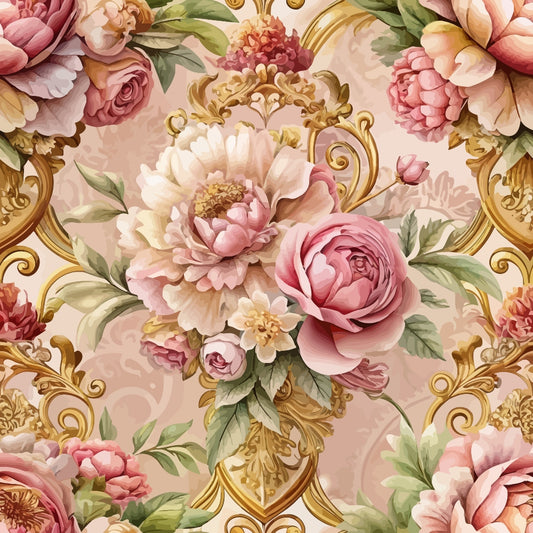 A detailed floral pattern featuring large pink and cream roses, peonies, and green leaves, set against a beige background with ornate gold scrollwork accents.