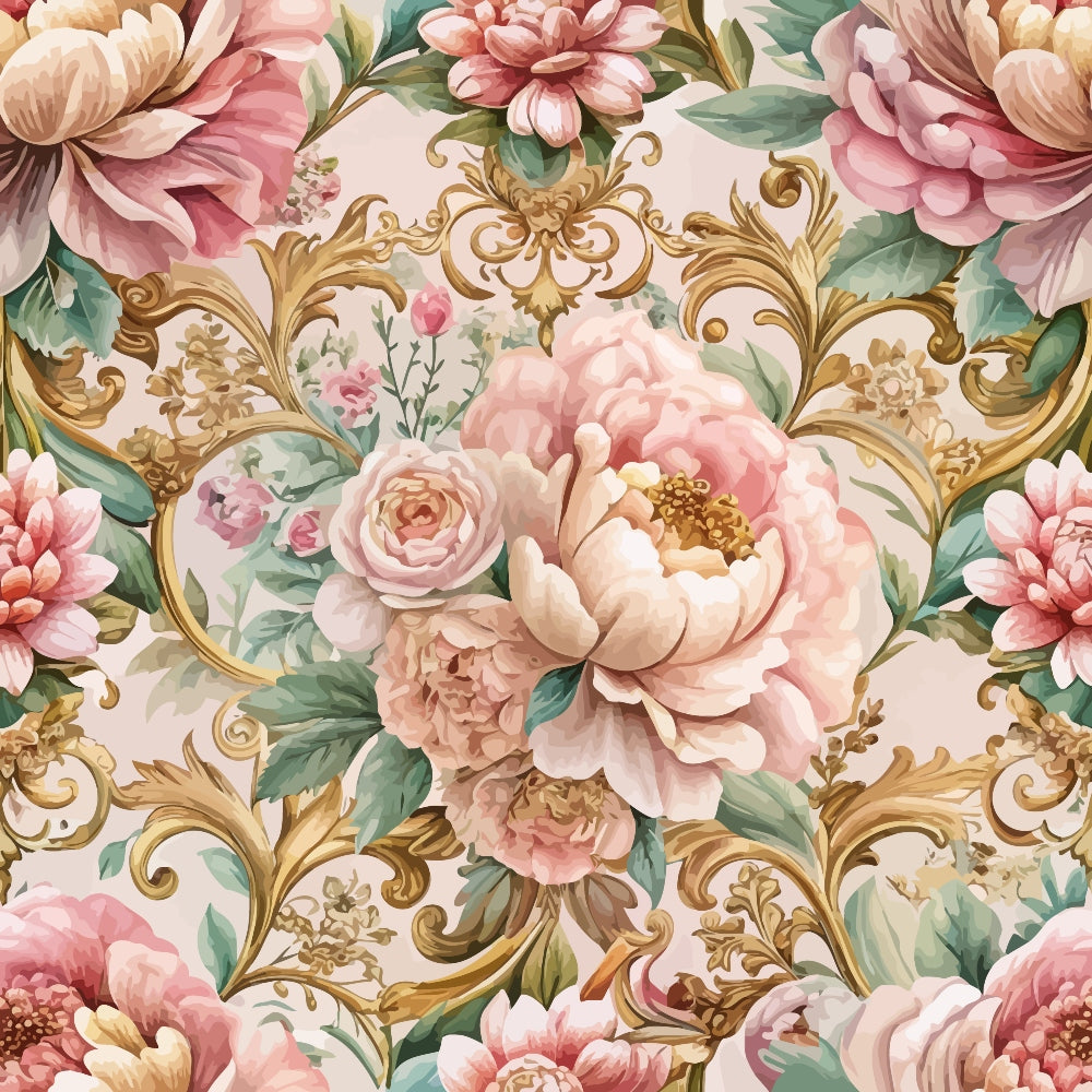 blush pink, coral pink, sage green, gold accents, baroque scrollwork, ornate flourishes, peonies, roses, floral bouquets, romantic florals, vintage style, elegant pattern, quilting cotton, fabric panel, soft pastels, decorative swirls, botanical design, feminine aesthetic, repeating pattern