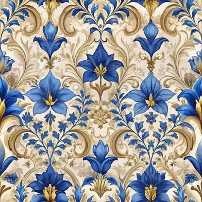 royal blue, cream, gold, baroque pattern, ornate florals, lily flowers, scrollwork, acanthus leaves, damask design, elegant swirls, decorative motifs, luxurious pattern, renaissance style, intricate details, quilting cotton, fabric panel, ornamental design, floral wallpaper style, sophisticated palette