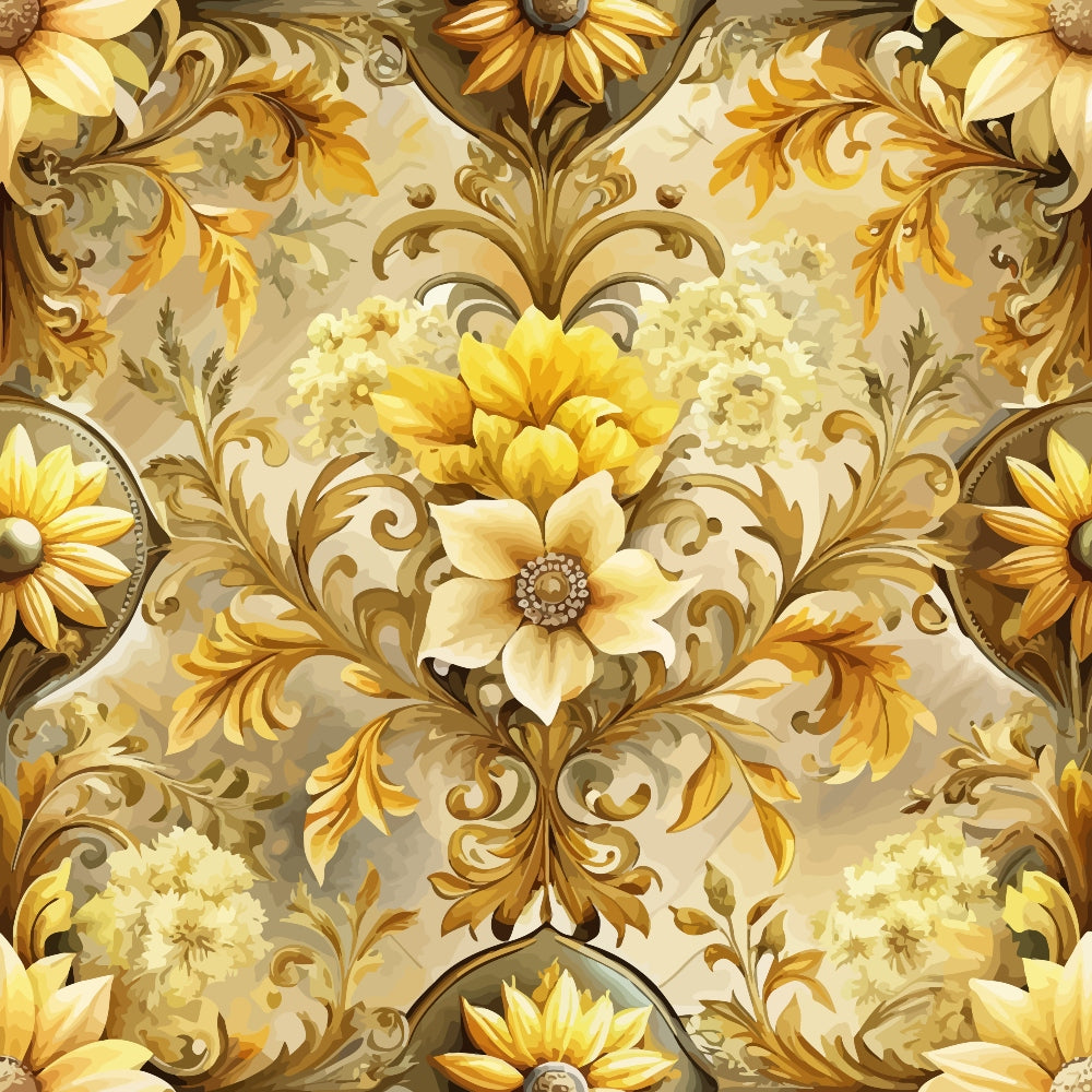 baroque florals, golden yellow, cream, beige, ornate scrollwork, decorative flowers, damask pattern, elegant swirls, vintage motifs, quilting cotton, fabric panel, luxurious design, floral medallions, antique style, warm tones, intricate details, ornamental leaves, sophisticated pattern, repeating design