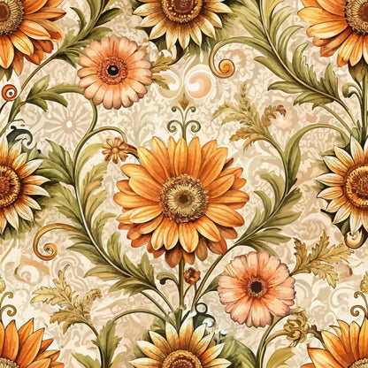 baroque florals, sunflowers, orange flowers, coral blooms, olive green leaves, cream background, ornate scrollwork, decorative swirls, vintage pattern, floral motifs, quilting cotton, fabric panel, autumn colors, golden yellow, peachy pink, botanical design, elegant flourishes, seamless repeat, warm tones