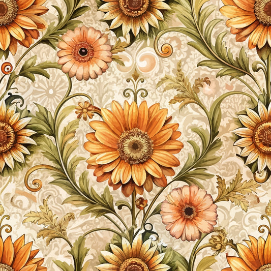 baroque florals, sunflowers, orange flowers, coral blooms, olive green leaves, cream background, ornate scrollwork, decorative swirls, vintage pattern, floral motifs, quilting cotton, fabric panel, autumn colors, golden yellow, peachy pink, botanical design, elegant flourishes, seamless repeat, warm tones