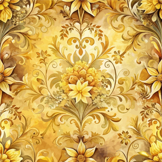Ornate floral pattern in shades of yellow and gold featuring detailed flowers, leaves, and swirling vines arranged symmetrically on a textured background.