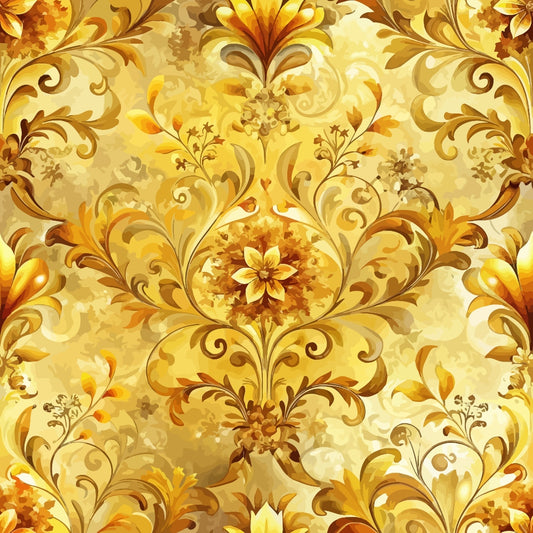 Ornate seamless pattern with gold and yellow floral and leaf motifs on a light background. The design is symmetrical with detailed swirling elements and central flower shapes, creating a luxurious, baroque-style appearance.