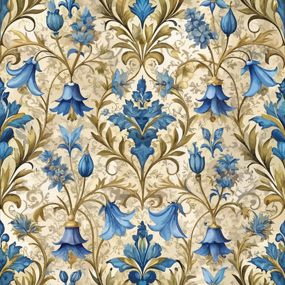 blue flowers, baroque pattern, ornate scrollwork, floral damask, cream background, golden brown stems, bell-shaped blooms, decorative vines, elegant swirls, botanical motif, quilting cotton, fabric panel, intricate design, vintage style, flowing curves, luxurious pattern, sophisticated florals, ornamental leaves, repeating design, textile art