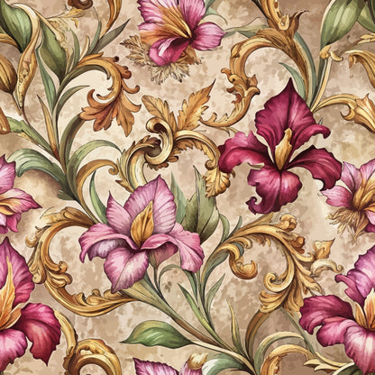 burgundy, pink, mauve, gold, green, beige, baroque florals, ornate scrollwork, iris flowers, decorative swirls, vintage style, elegant pattern, quilting cotton, fabric panel, floral motifs, ornamental design, rich colors, botanical elements, flowing vines, antique aesthetic