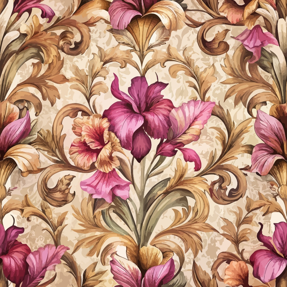 baroque florals, ornate scrollwork, burgundy flowers, mauve petals, golden brown swirls, cream background, decorative acanthus, vintage pattern, quilting cotton, fabric panel, floral motifs, rococo style, elegant design, pink lilies, ornamental leaves, textile art, sophisticated palette, flowing curves, botanical elements, luxurious feel